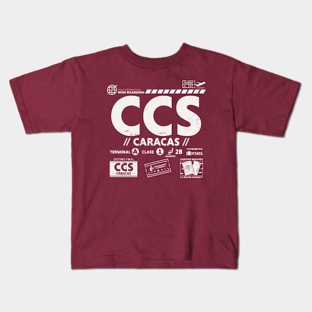 Vintage Caracas CCS Airport Code Travel Day Retro Travel Tag Kids T-Shirt by Now Boarding